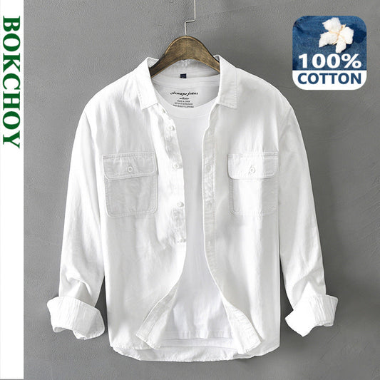 sanyamk 2024 Autumn Winter New Men New Men&#39;s White Long Sleeve Shirt Pure Cotton Retro Style Button Up Pocket White Workwear GA-Z102