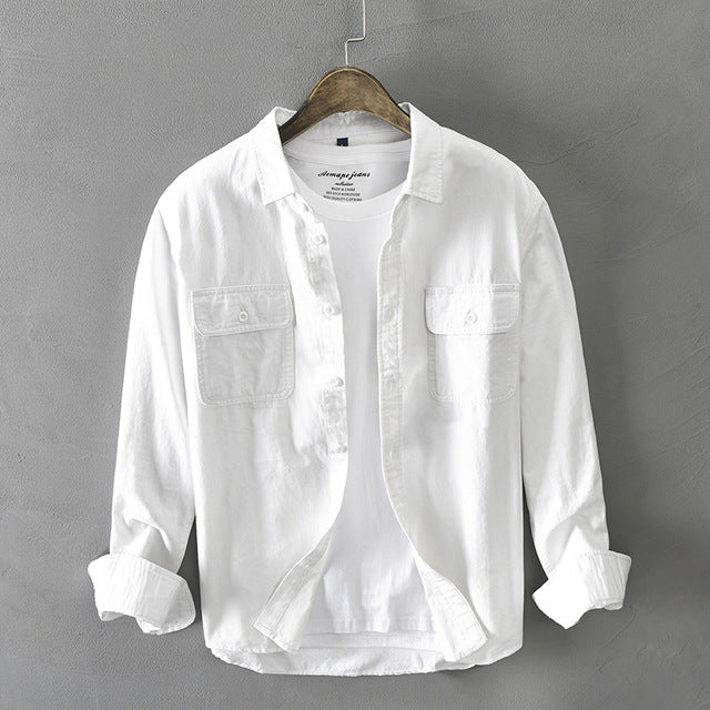 sanyamk 2024 Autumn Winter New Men New Men&#39;s White Long Sleeve Shirt Pure Cotton Retro Style Button Up Pocket White Workwear GA-Z102