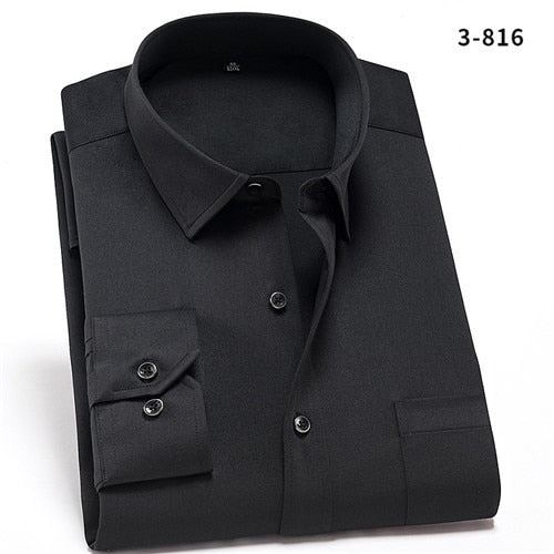 sanyamk Non-Iron Solid Stretch Shirts for Men Spandex Long Sleeve Dress Shirt Men Regular Fit with Front Pocket Soft Easycare Formal Top