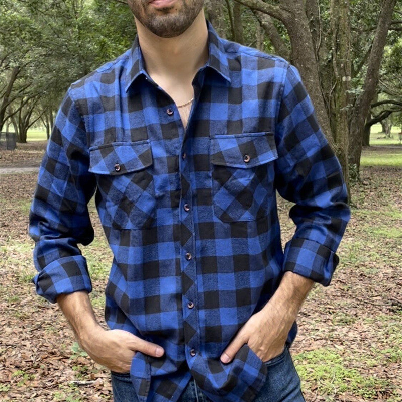 sanyamk Fall Men&#39;s Flannel Plaid Long-Sleeved Casual Button Shirt USA Regular Fit Size S To 2XL, Classic Checkered, Double Pocket Design