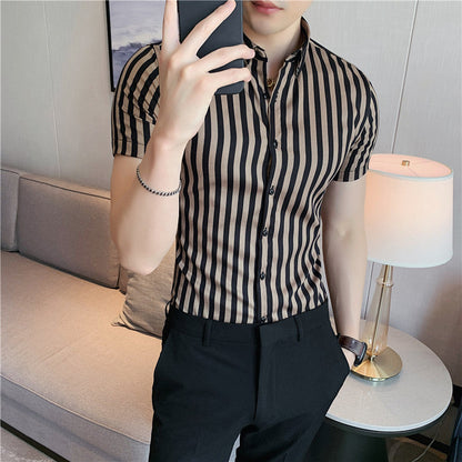 sanyamk High Quality Summer Short Sleeve Striped Shirts For Men Clothing 2022 Simple Luxury Slim Fit Business Casual Formal Wear Blouses