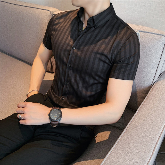 sanyamk High Quality Summer Short Sleeve Striped Shirts For Men Clothing 2022 Simple Luxury Slim Fit Business Casual Formal Wear Blouses