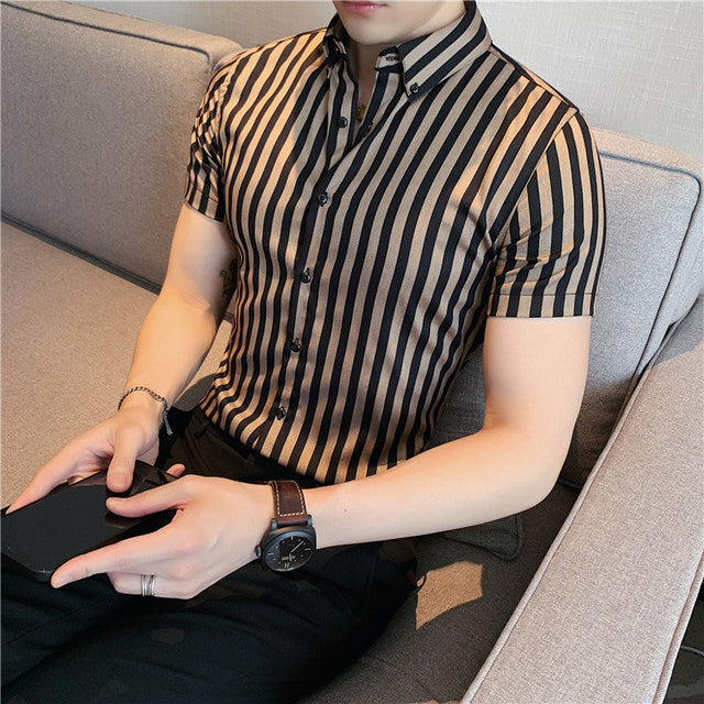 sanyamk High Quality Summer Short Sleeve Striped Shirts For Men Clothing 2022 Simple Luxury Slim Fit Business Casual Formal Wear Blouses