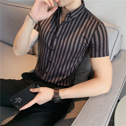 sanyamk High Quality Summer Short Sleeve Striped Shirts For Men Clothing 2022 Simple Luxury Slim Fit Business Casual Formal Wear Blouses