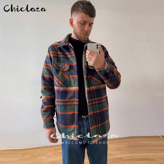 sanyamk Plaid Jacket Men&#39;s Autumn Winter Casual Fleece Warm Slim Fit Shirt Coats Male