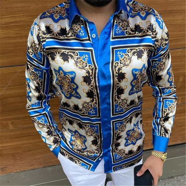 sanyamk New printing Shirt Luxury Gold Yellow Leopard Clothing Men Loose Long Sleeve Chemise Tops Homme Social Men Club Prom Shirt M-3XL