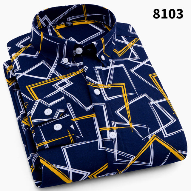 sanyamk NEW Men Fashion Casual Long Sleeved Printed Shirt Slim Fit Male Social Business Dress Shirt Brand Men Clothing Soft Comfortable