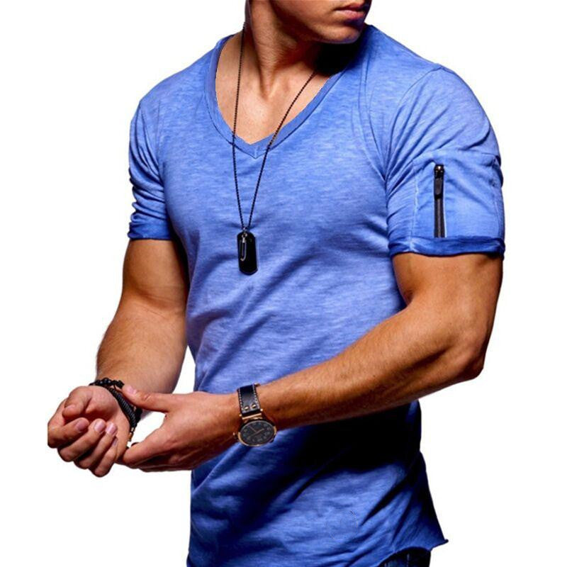 sanyamk 2022 New Men&#39;s V-neck T-shirt Fitness Bodybuilding T-shirt High Street Summer Short-Sleeved Zipper Casual Cotton Top