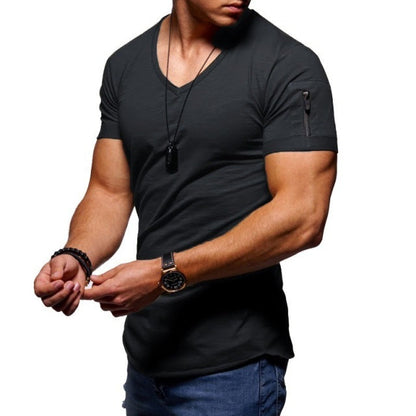 sanyamk 2022 New Men&#39;s V-neck T-shirt Fitness Bodybuilding T-shirt High Street Summer Short-Sleeved Zipper Casual Cotton Top