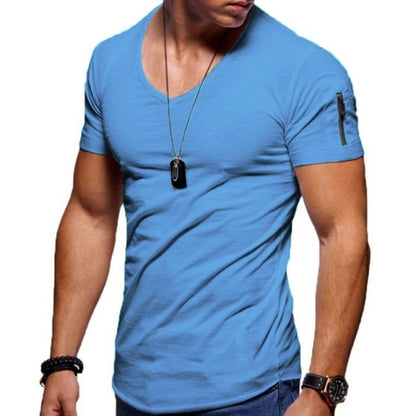 sanyamk 2022 New Men&#39;s V-neck T-shirt Fitness Bodybuilding T-shirt High Street Summer Short-Sleeved Zipper Casual Cotton Top