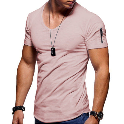 sanyamk 2022 New Men&#39;s V-neck T-shirt Fitness Bodybuilding T-shirt High Street Summer Short-Sleeved Zipper Casual Cotton Top