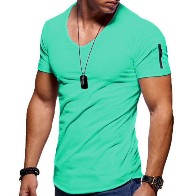 sanyamk 2022 New Men&#39;s V-neck T-shirt Fitness Bodybuilding T-shirt High Street Summer Short-Sleeved Zipper Casual Cotton Top