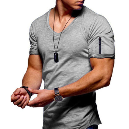 sanyamk 2022 New Men&#39;s V-neck T-shirt Fitness Bodybuilding T-shirt High Street Summer Short-Sleeved Zipper Casual Cotton Top