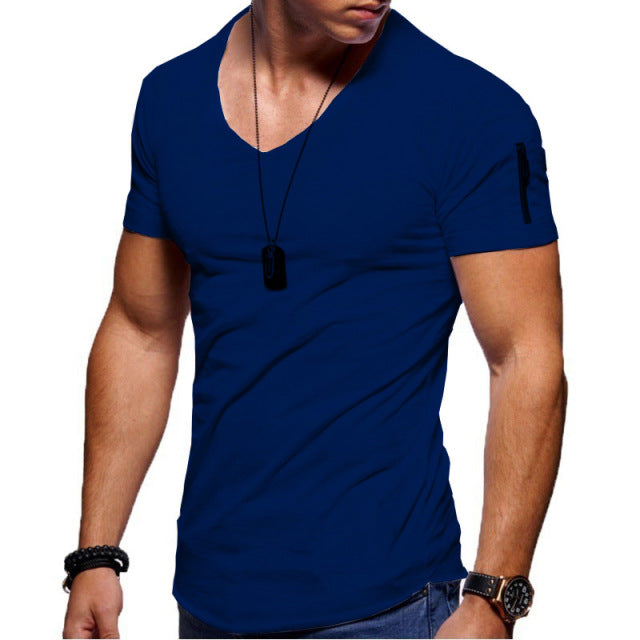 sanyamk 2022 New Men&#39;s V-neck T-shirt Fitness Bodybuilding T-shirt High Street Summer Short-Sleeved Zipper Casual Cotton Top