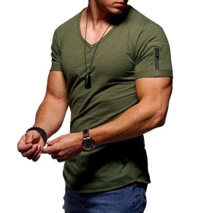 sanyamk 2022 New Men&#39;s V-neck T-shirt Fitness Bodybuilding T-shirt High Street Summer Short-Sleeved Zipper Casual Cotton Top