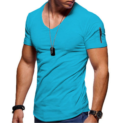 sanyamk 2022 New Men&#39;s V-neck T-shirt Fitness Bodybuilding T-shirt High Street Summer Short-Sleeved Zipper Casual Cotton Top