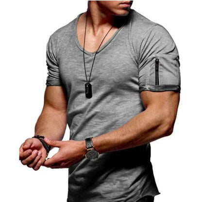 sanyamk 2022 New Men&#39;s V-neck T-shirt Fitness Bodybuilding T-shirt High Street Summer Short-Sleeved Zipper Casual Cotton Top