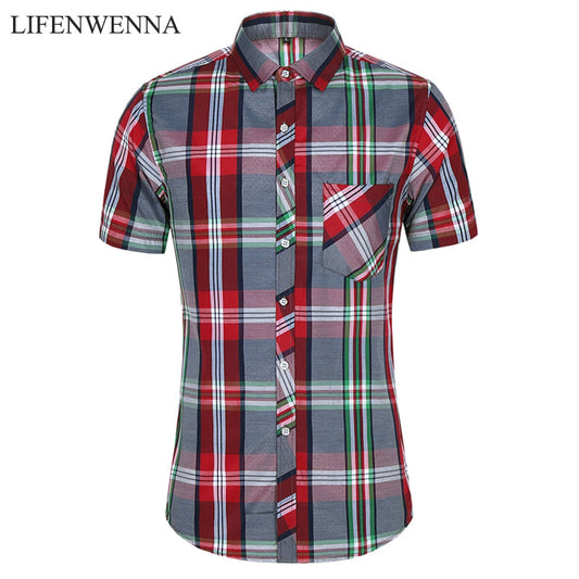 sanyamk New Fashion Plaid Shirt Men Summer Casual Short Sleeve Shirts Mens Plus Size Beach Hawaiian Tops Blouse Male 5XL 6XL 7XL