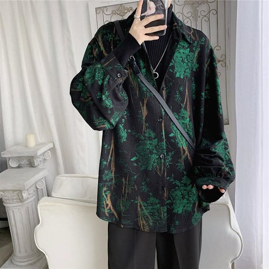 sanyamk shirt men spring autumn retro Retro temperament rose printed long-sleeve shirts Korean fashion loose male casual oversized coat