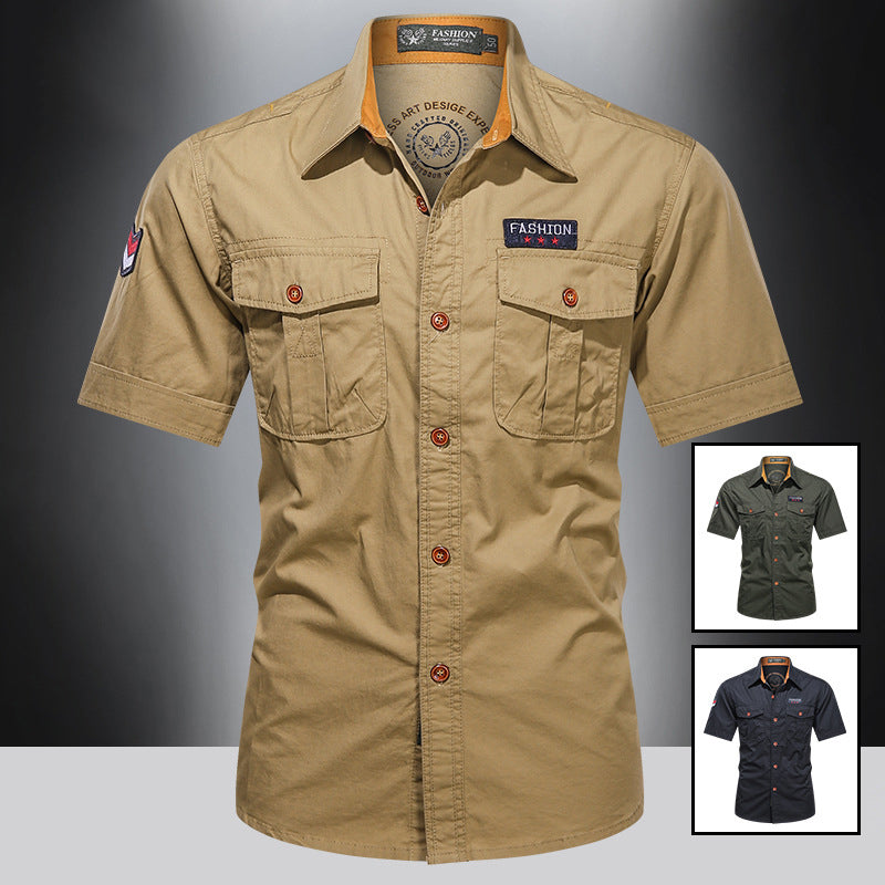 sanyamk New Men&#39;s Casual Shirts Short Sleeve Pure Cotton Shirt Male Solid Oversize Military Cargo Shirts Men Clothing Shirt AF168