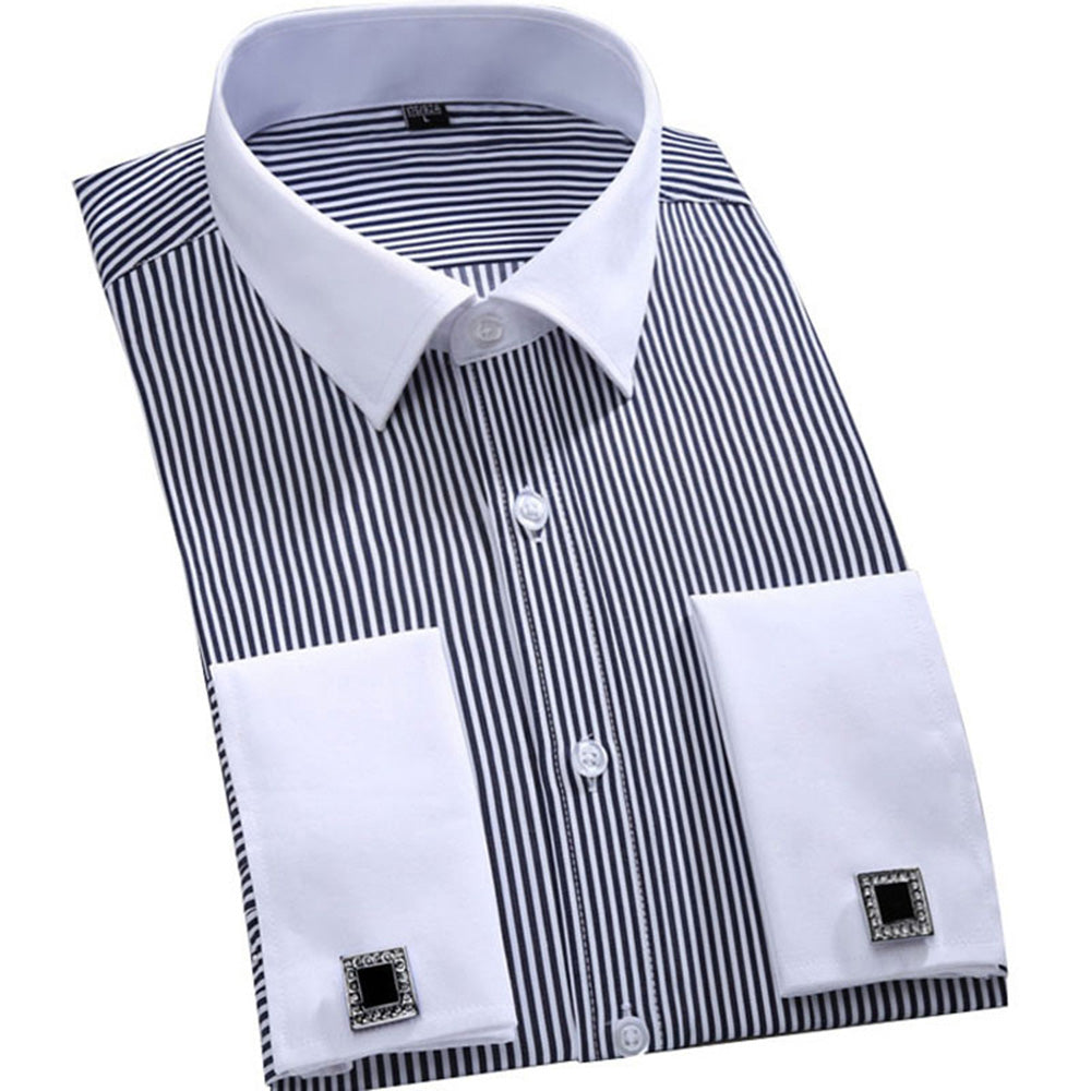 sanyamk Mens Dress Shirts Loose Tuxedo French Cuff Regular Fit Luxury Striped Business Long Sleeve Cufflinks Social Pluse Size 6XL