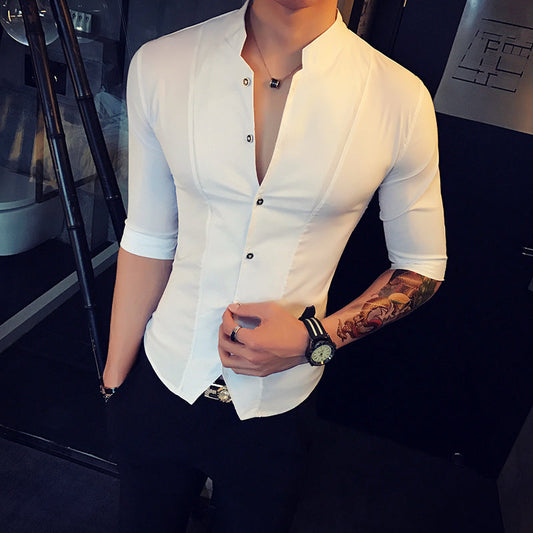 sanyamk Stand Collar Chinese Style Shirt Men Slim Fit Clothes Male Half Sleeve 2022 Fashion Summer Solid Color Designer Night Club Tops