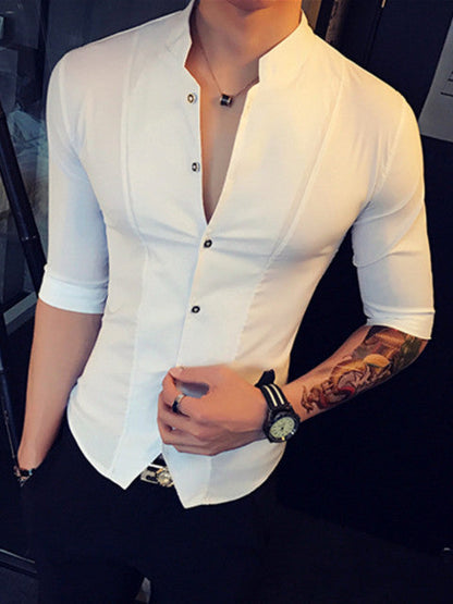 sanyamk Stand Collar Chinese Style Shirt Men Slim Fit Clothes Male Half Sleeve 2022 Fashion Summer Solid Color Designer Night Club Tops