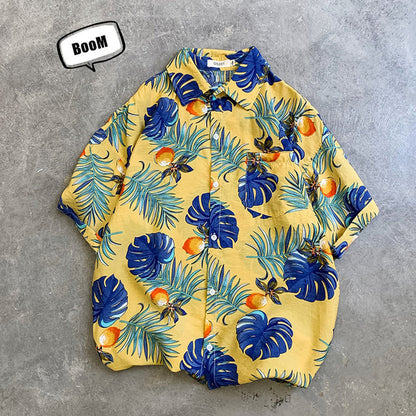 sanyamk Summer Men Casual Shirts Vintage Clothes Baggy Unisex Hawaiian Style Male Cardigan New Fashion Blouses Short Sleeve