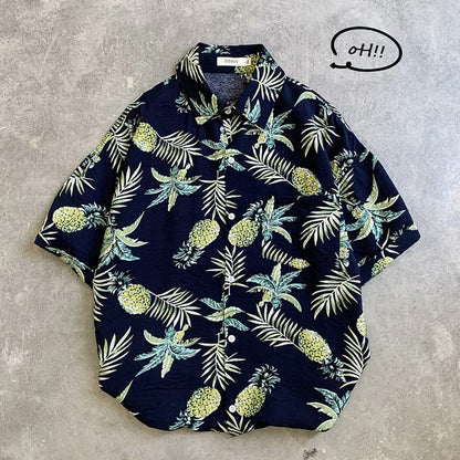 sanyamk Summer Men Casual Shirts Vintage Clothes Baggy Unisex Hawaiian Style Male Cardigan New Fashion Blouses Short Sleeve