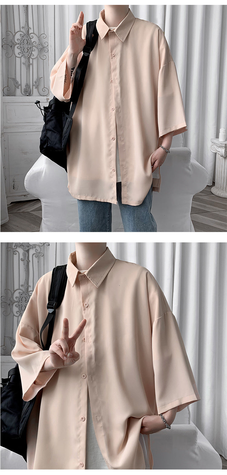 sanyamk Summer Men Shirts Korean Style Loose Male Shirts Solid Color Short Sleeve Tops Man Baggy Casual Couple Clothes