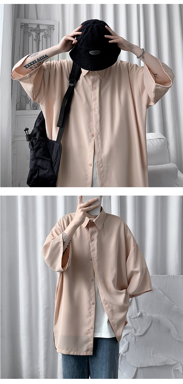 sanyamk Summer Men Shirts Korean Style Loose Male Shirts Solid Color Short Sleeve Tops Man Baggy Casual Couple Clothes