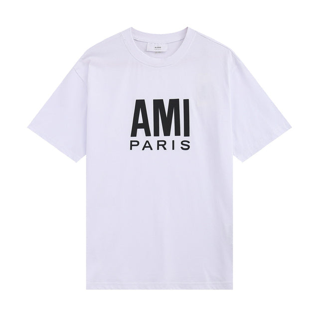 sanyamk 2022 Ami New Small Letter Embroidered Street Fashion Loose Versatile Cotton Round Collar Summer Men&#39;s Short Sleeve T-shirt