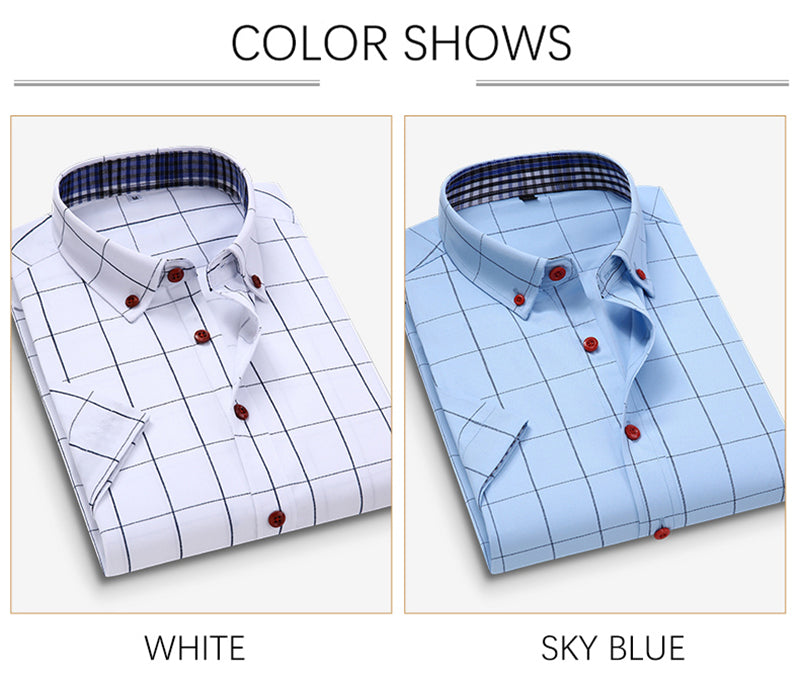 sanyamk Summer Men Shirts Short Sleeve Plaid Shirt Slim Casual Button Up Dress Shirts Men Big Size M-5XL Anti-wrinkle Soft