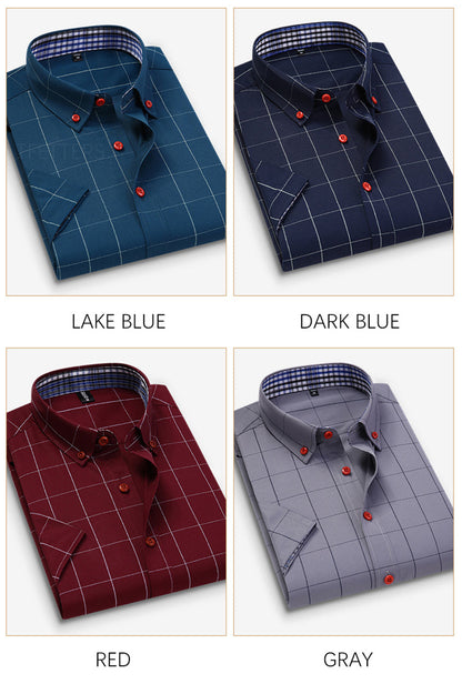 sanyamk Summer Men Shirts Short Sleeve Plaid Shirt Slim Casual Button Up Dress Shirts Men Big Size M-5XL Anti-wrinkle Soft