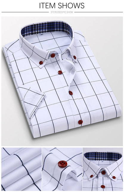 sanyamk Summer Men Shirts Short Sleeve Plaid Shirt Slim Casual Button Up Dress Shirts Men Big Size M-5XL Anti-wrinkle Soft