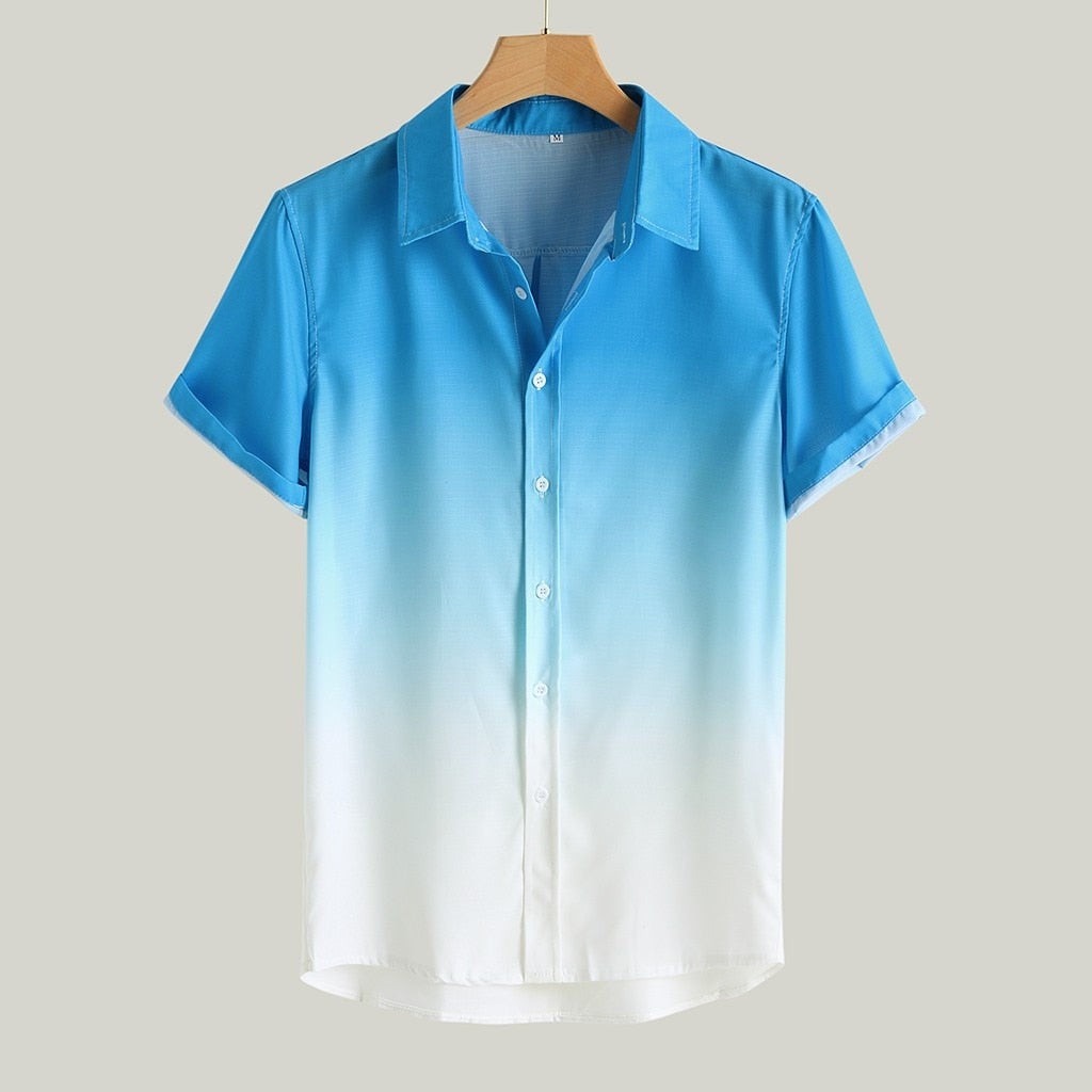 sanyamk Summer Men&#39;s Hawaiian Shirt Cool Thin Breathable Collar Gradient Dyed Cotton Linen Casual Short Sleeve Shirt 2022