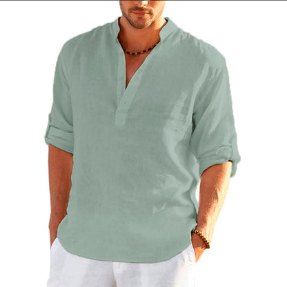 sanyamk New Men&#39;s Linen Long Sleeve Shirt Solid Color Casual  Long Sleeve Cotton Linen Shirt Tops Size S-5XL