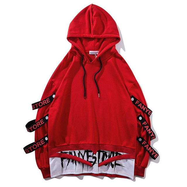 sanyamk Patchwork Straps Hip Hop Hooded Pullover Sweatshirt